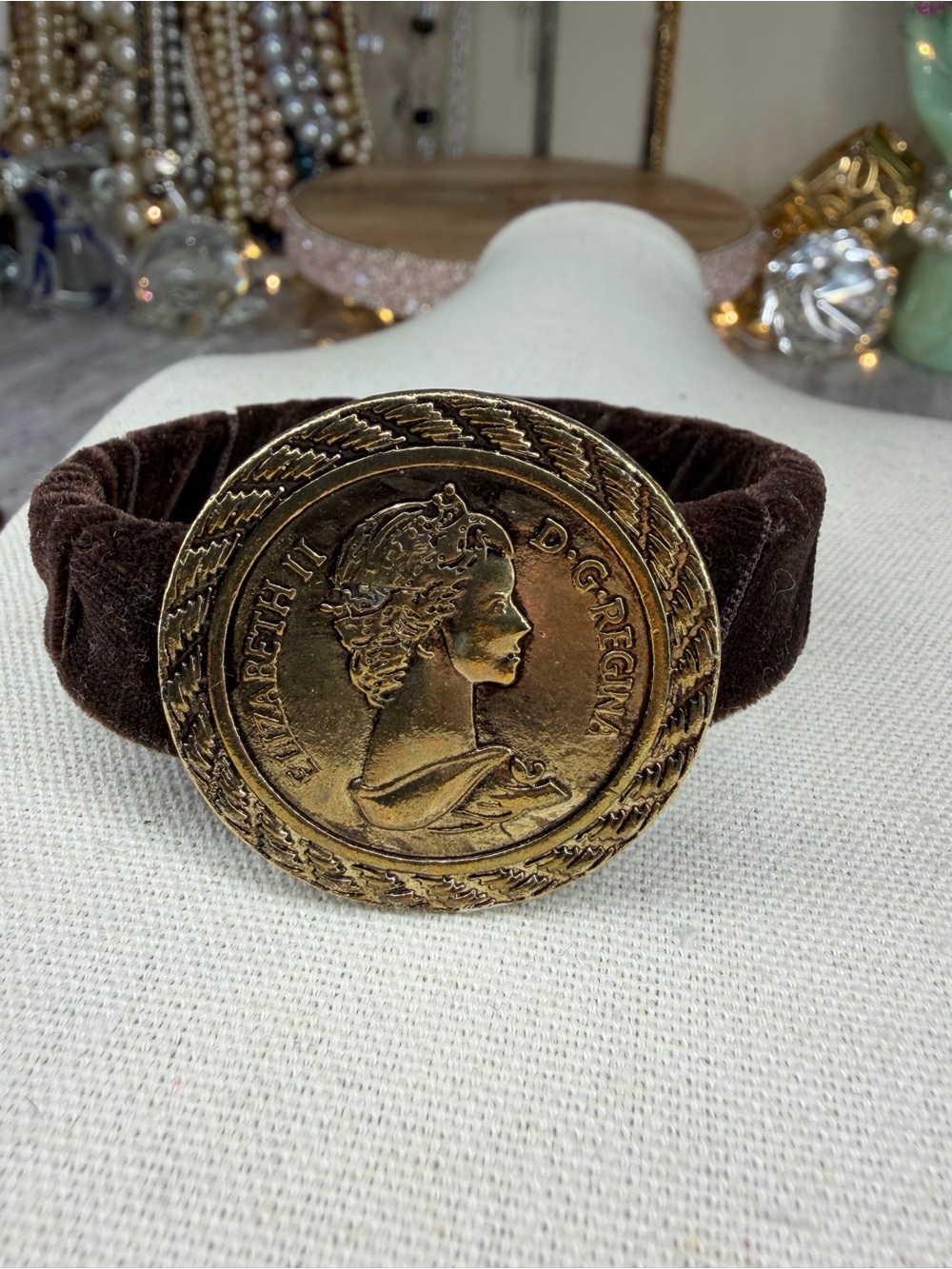 Vintage Coin Brass Velvet Cuff Coin Medallion Bracelet Clamper Jewelry